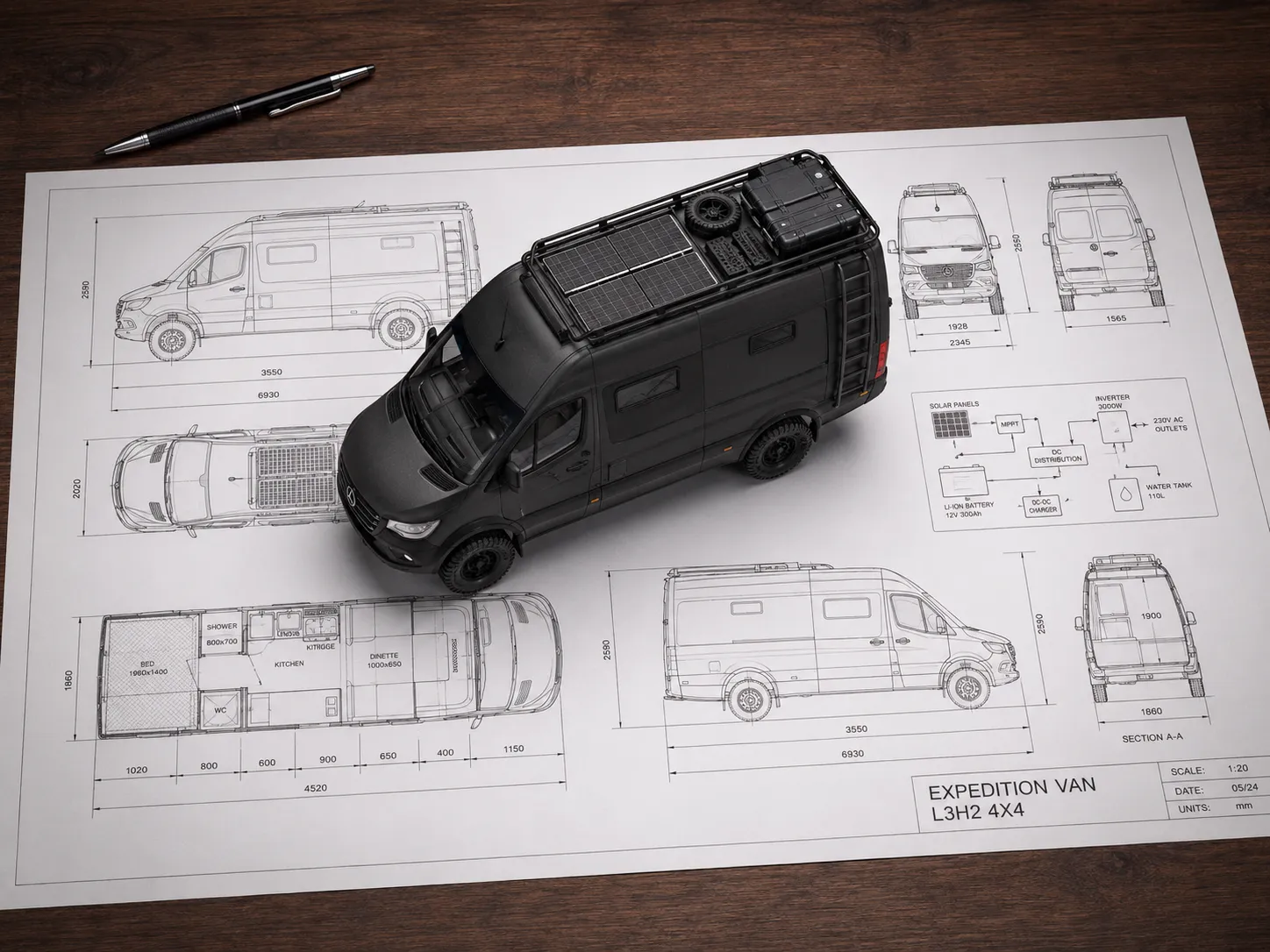 Camper — Sprinter-Modell auf Konstruktionsplänen