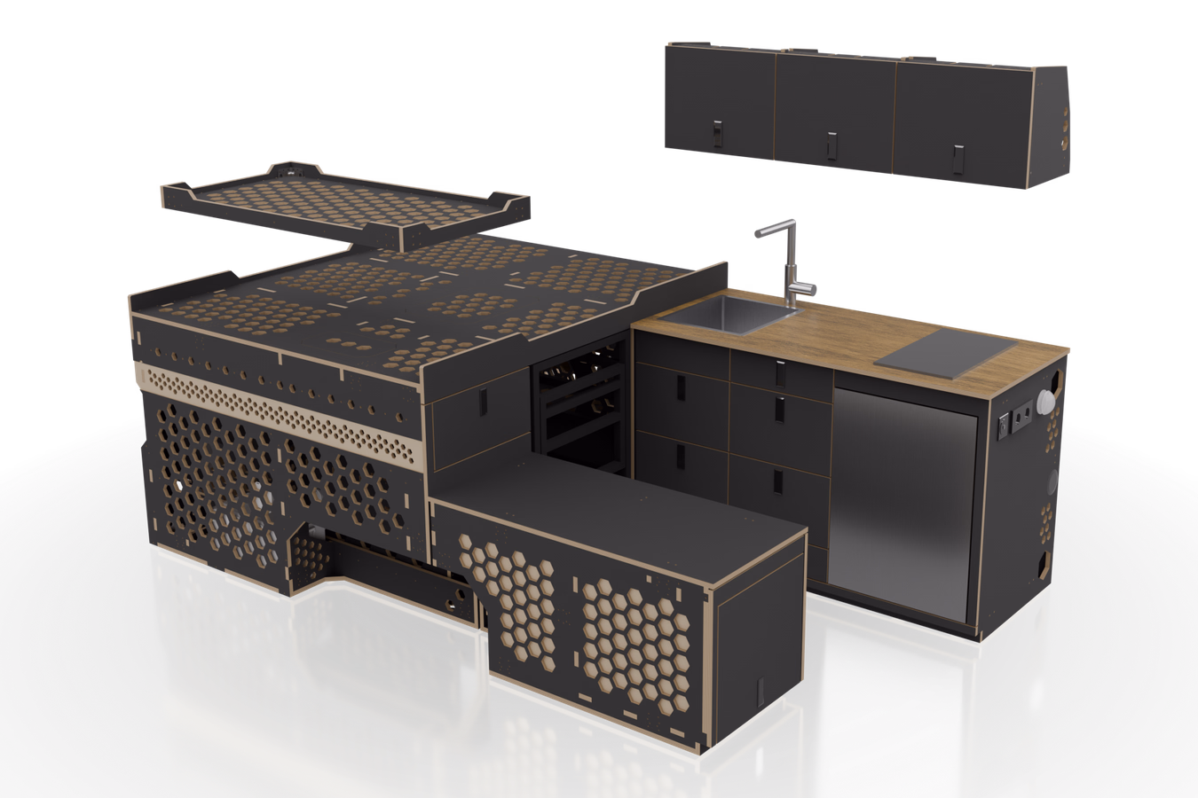 CAD-Render — Gesamtausbau mit Hängebett, Ansicht Steuerbord