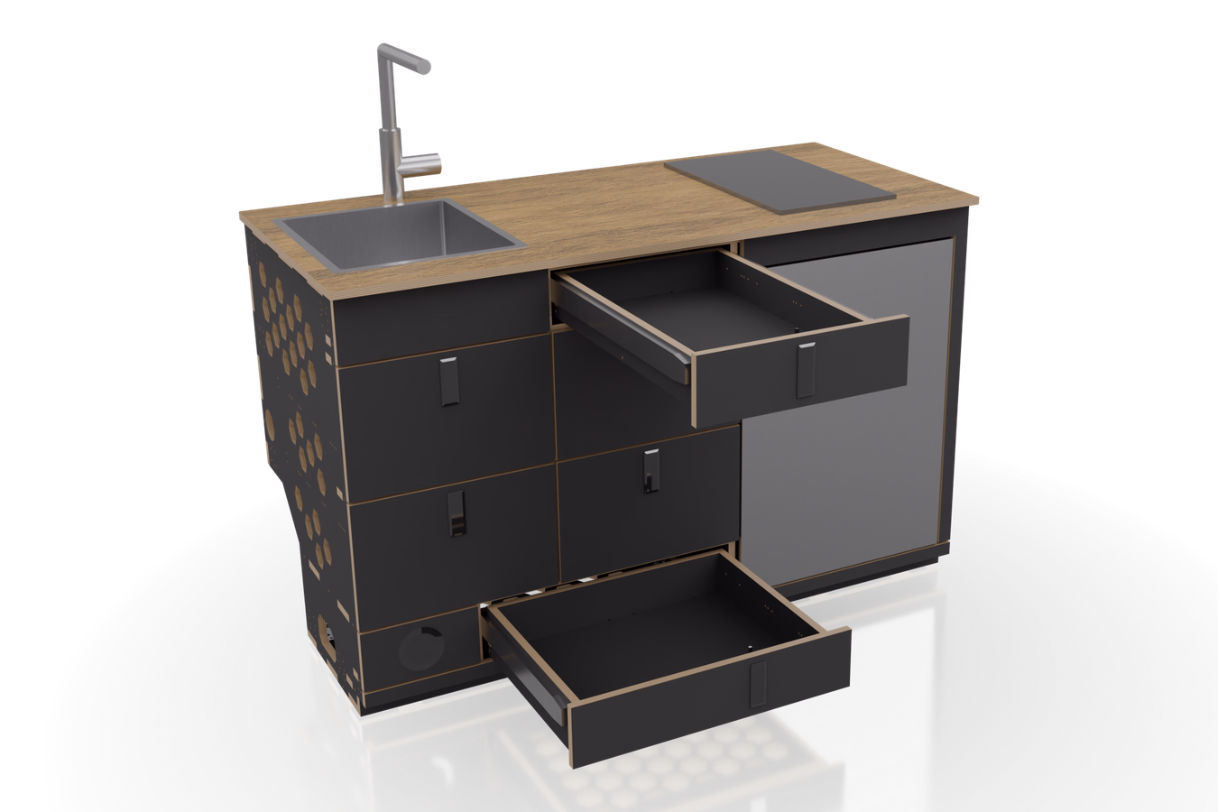 CAD-Render — Küchenmodul mit geöffneten Auszügen