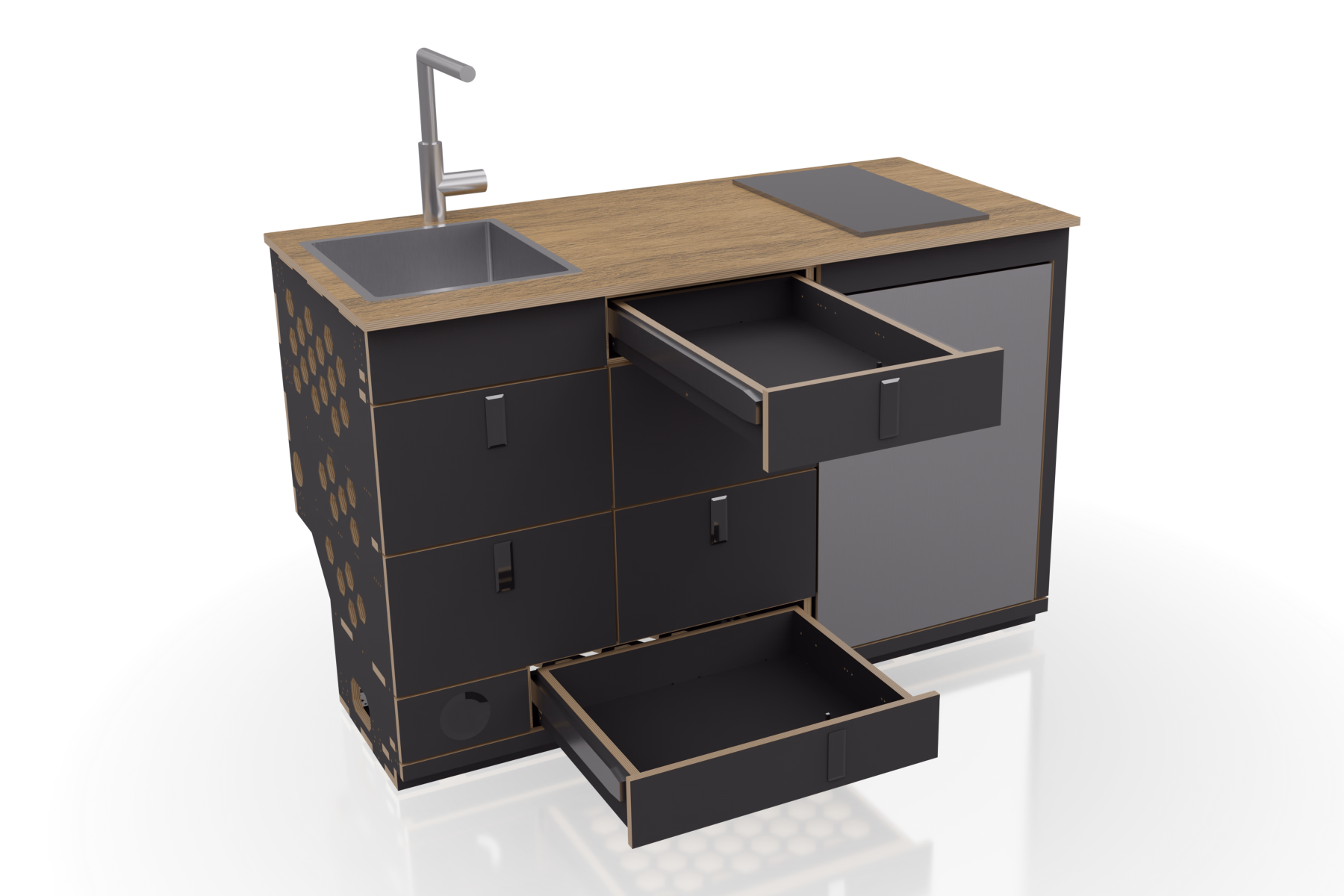 CAD-Render — Küchenmodul mit geöffneten Auszügen