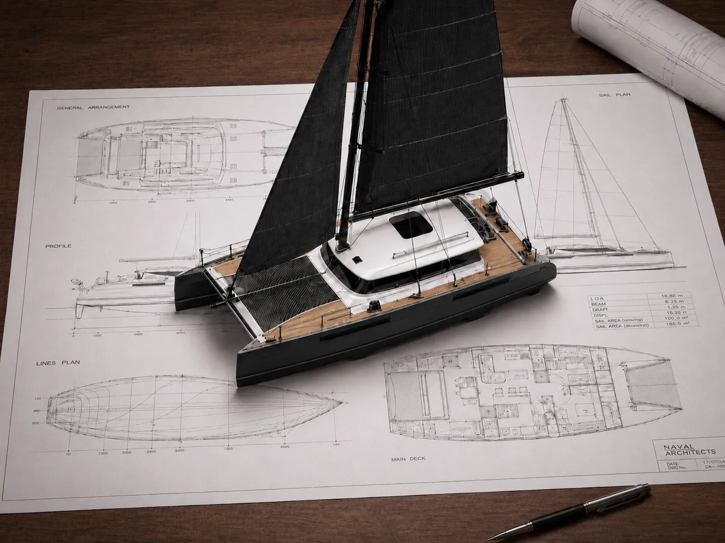 Yacht — Katamaran-Modell auf Konstruktionsplänen